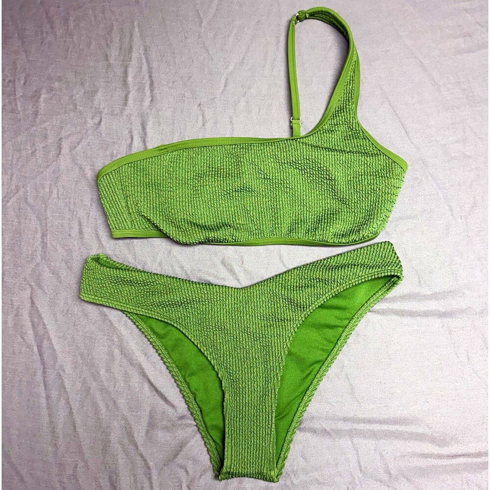 Abercrombie & Fitch Green Textured One Shoulder 2-Piece Bikini Set, Size S